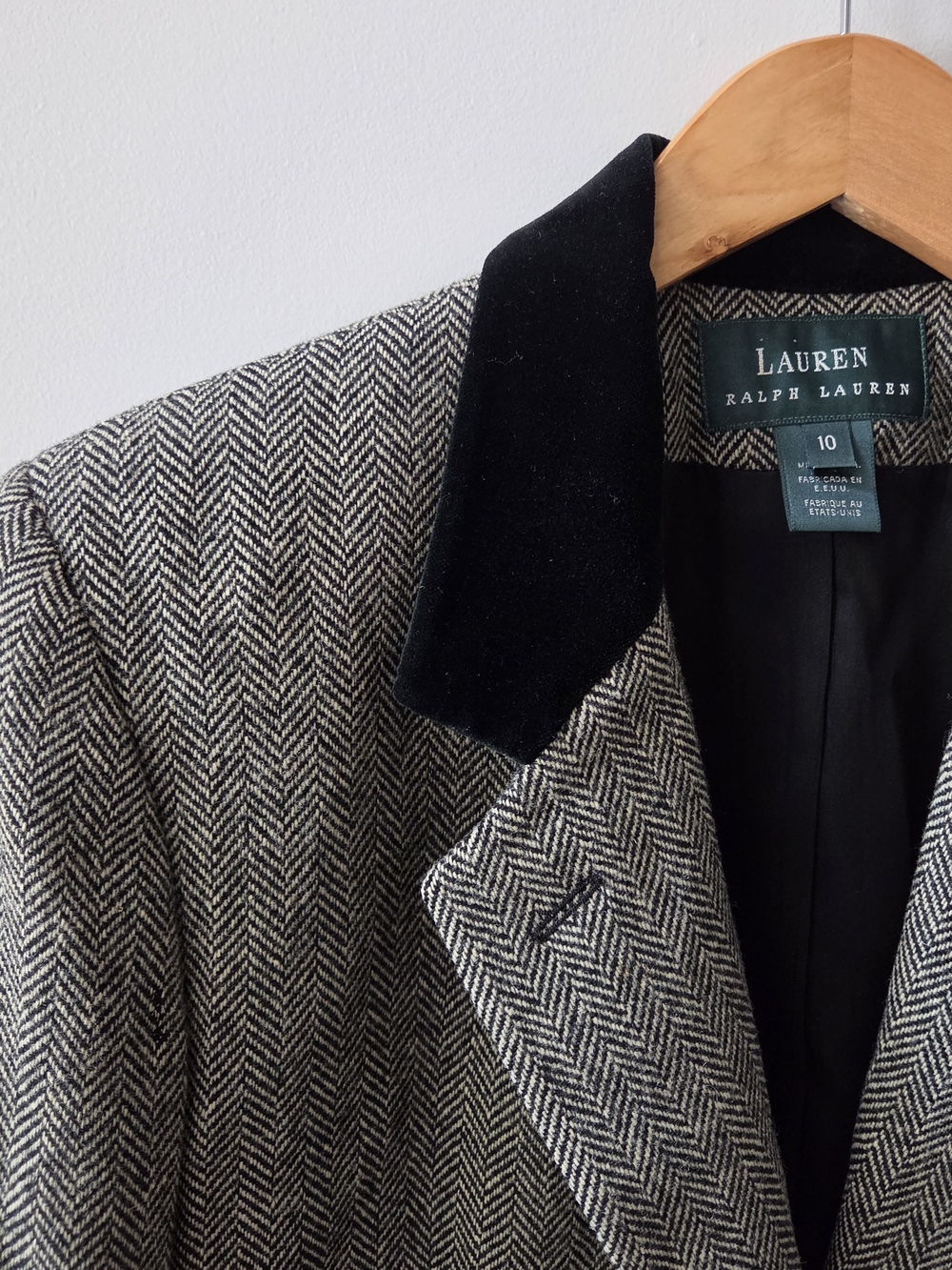 Lauren Ralph Lauren Wool Herringbone Blazer Black Velvet Collar Women's Size 10 - Picture 5 of 9